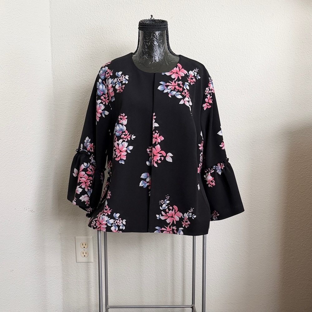 Lane Bryant Black Floral Bell-Sleeve Blazer